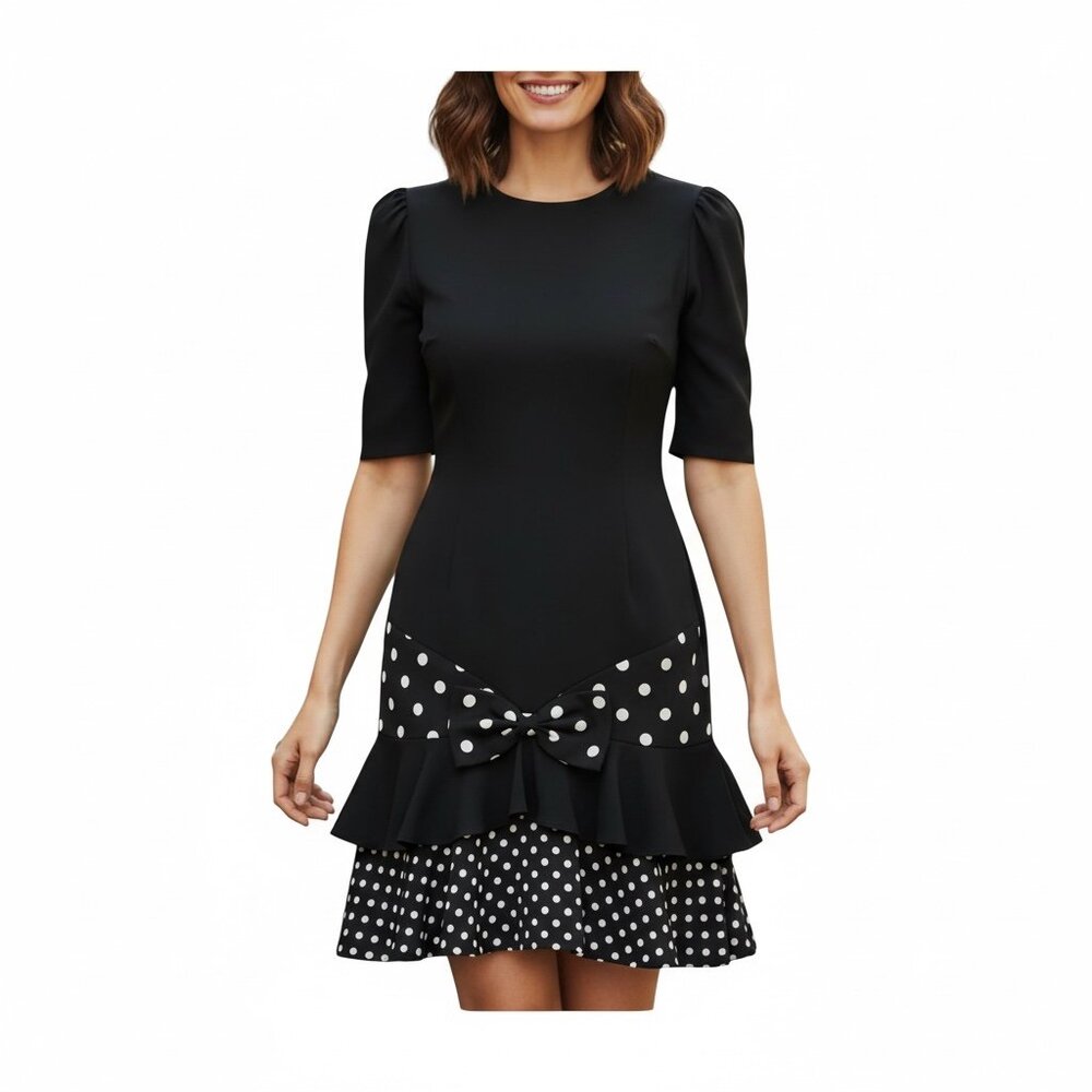 Vtg 80s Black Dress Women’s Sz L Puff Sleeve Polka Dot Bow Ruffle Hem Midi Retro